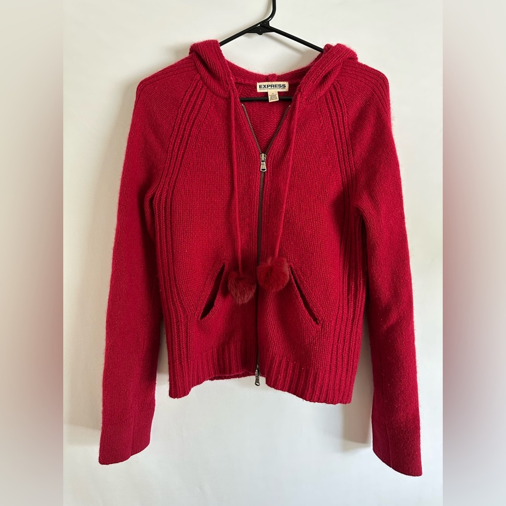 EXPRESS - Red Long Sleeve Hooded Zip-Up Merino Wool Angora Rabbit Hair Sweater M